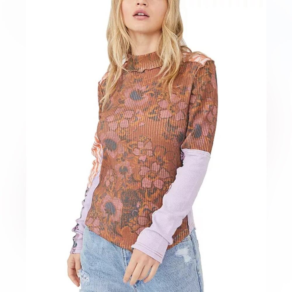 Free People Meadow Mix Long Sleeve Top Mixed Print Mock Neck Multicolor Small - Picture 2 of 15